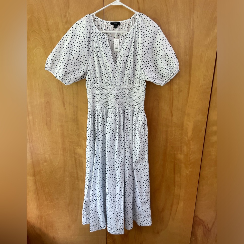 NWT J.Crew Puff-sleeve Smocked-waist Midi Dress in Dot Print M - Picture 4 of 10